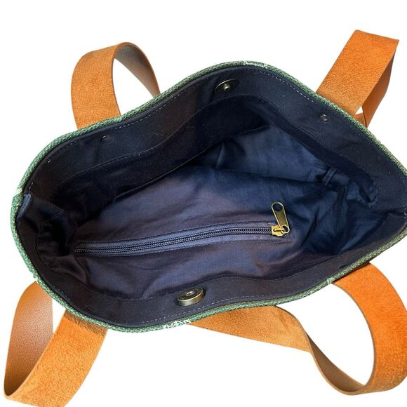 Market Tote Bag Canvas Fully Lined Leather Handles Green Patterned NRF Logo - Picture 8 of 10